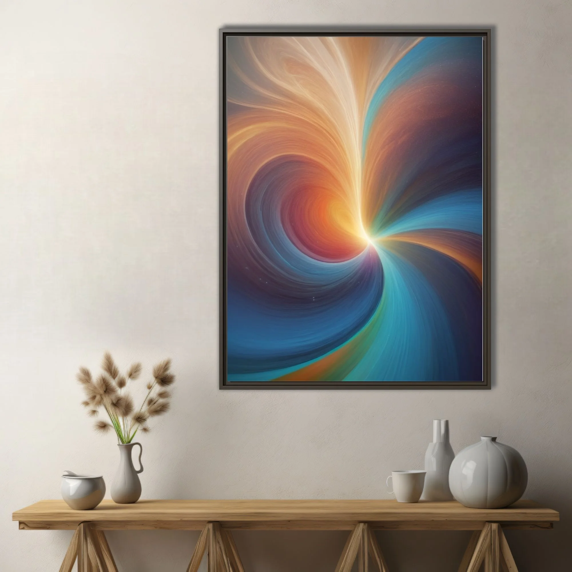 Abstract swirling vortex in warm amber, red, and teal with a glowing luminous core