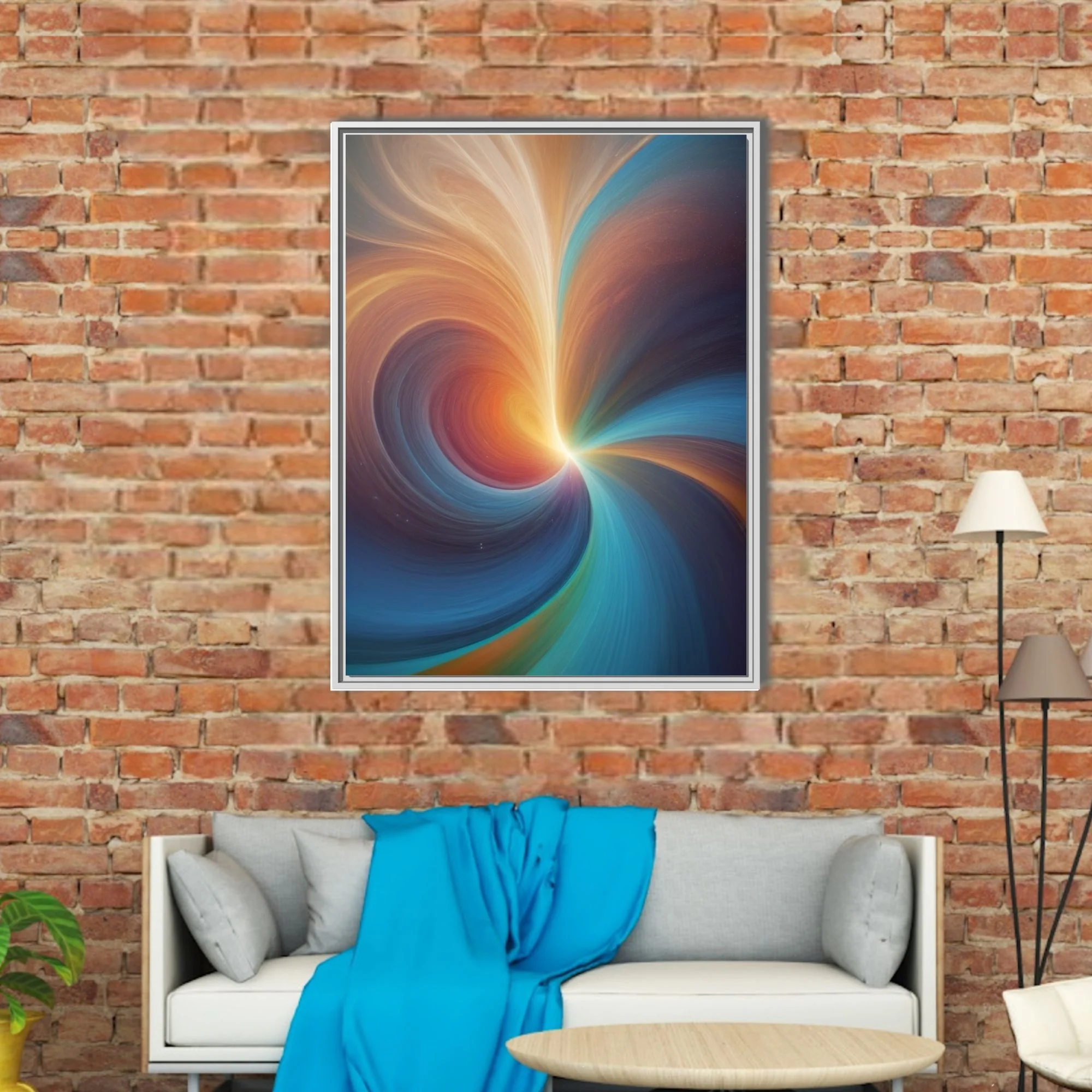 Abstract swirling vortex in warm amber, red, and teal with a glowing luminous core