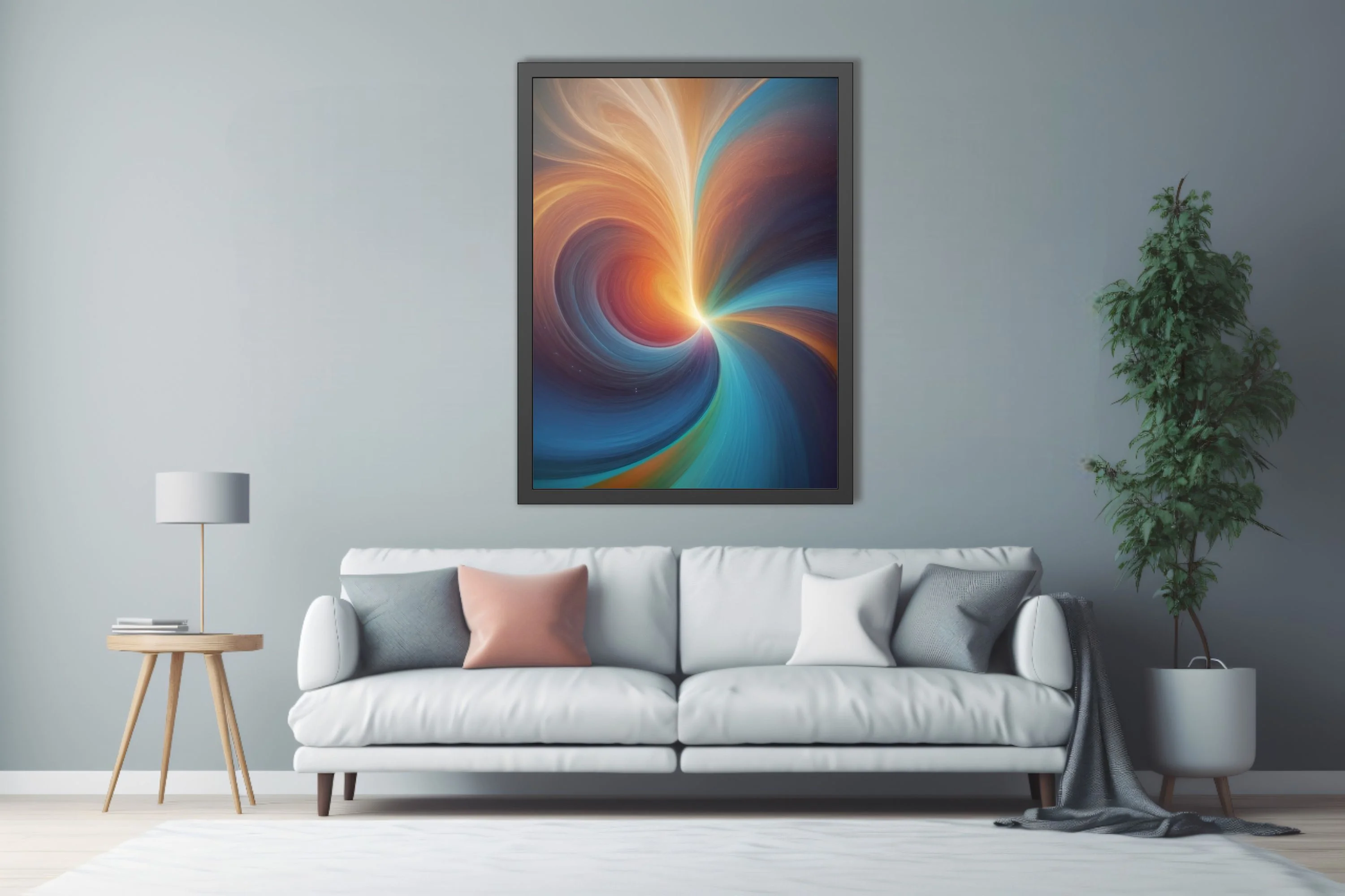 Abstract swirling vortex in warm amber, red, and teal with a glowing luminous core