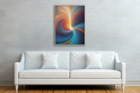 Abstract swirling vortex in warm amber, red, and teal with a glowing luminous core