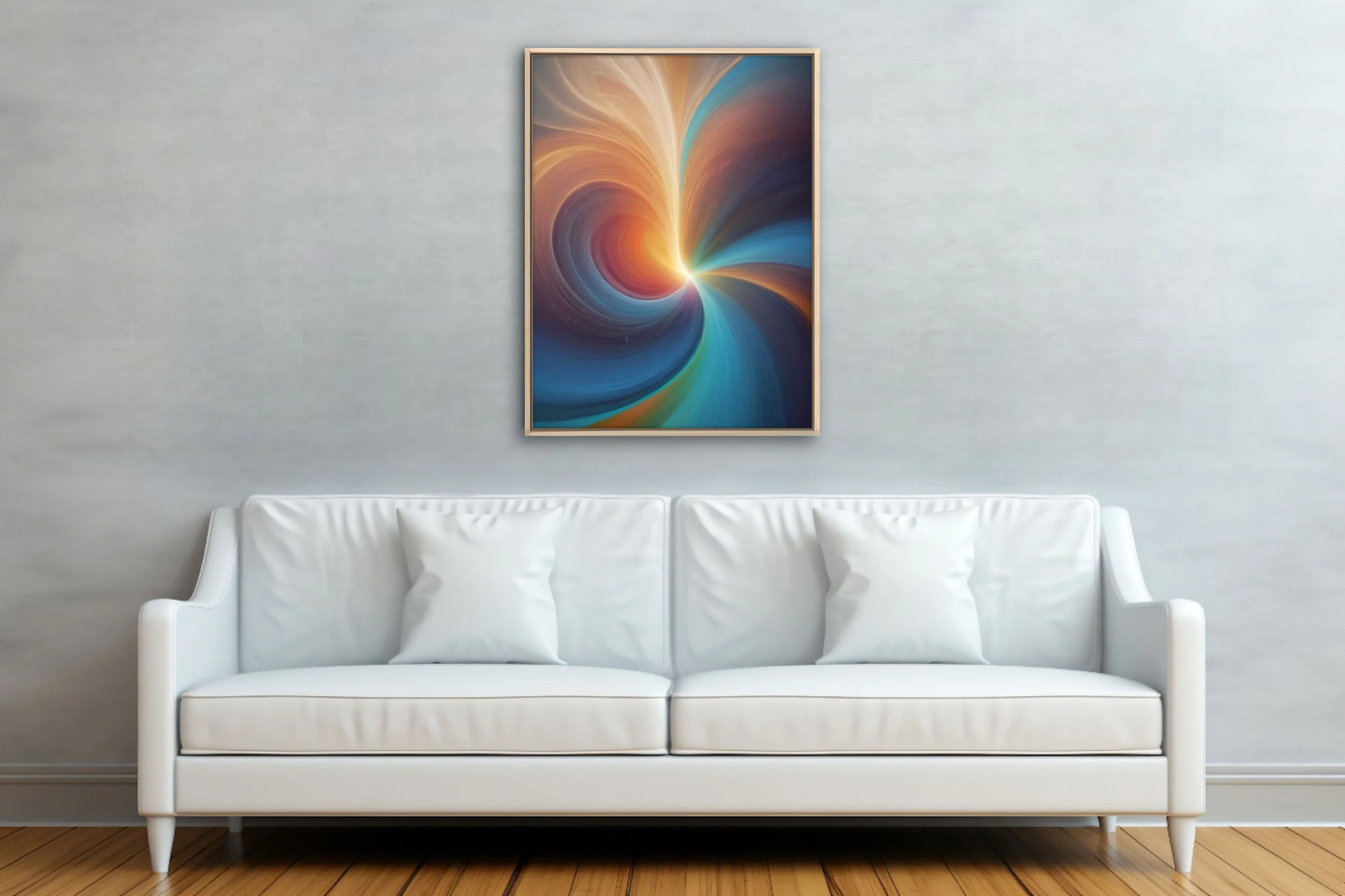 Abstract swirling vortex in warm amber, red, and teal with a glowing luminous core