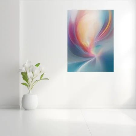 Abstract swirling pastel composition with warm gold, blush pink, and soft teal tones