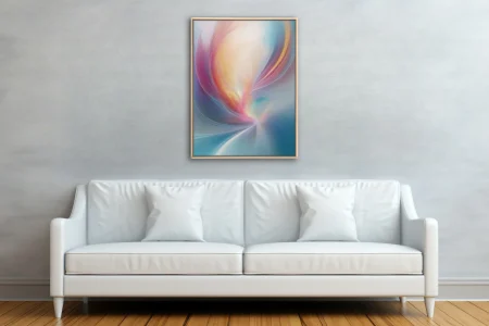 Abstract swirling pastel composition with warm gold, blush pink, and soft teal tones