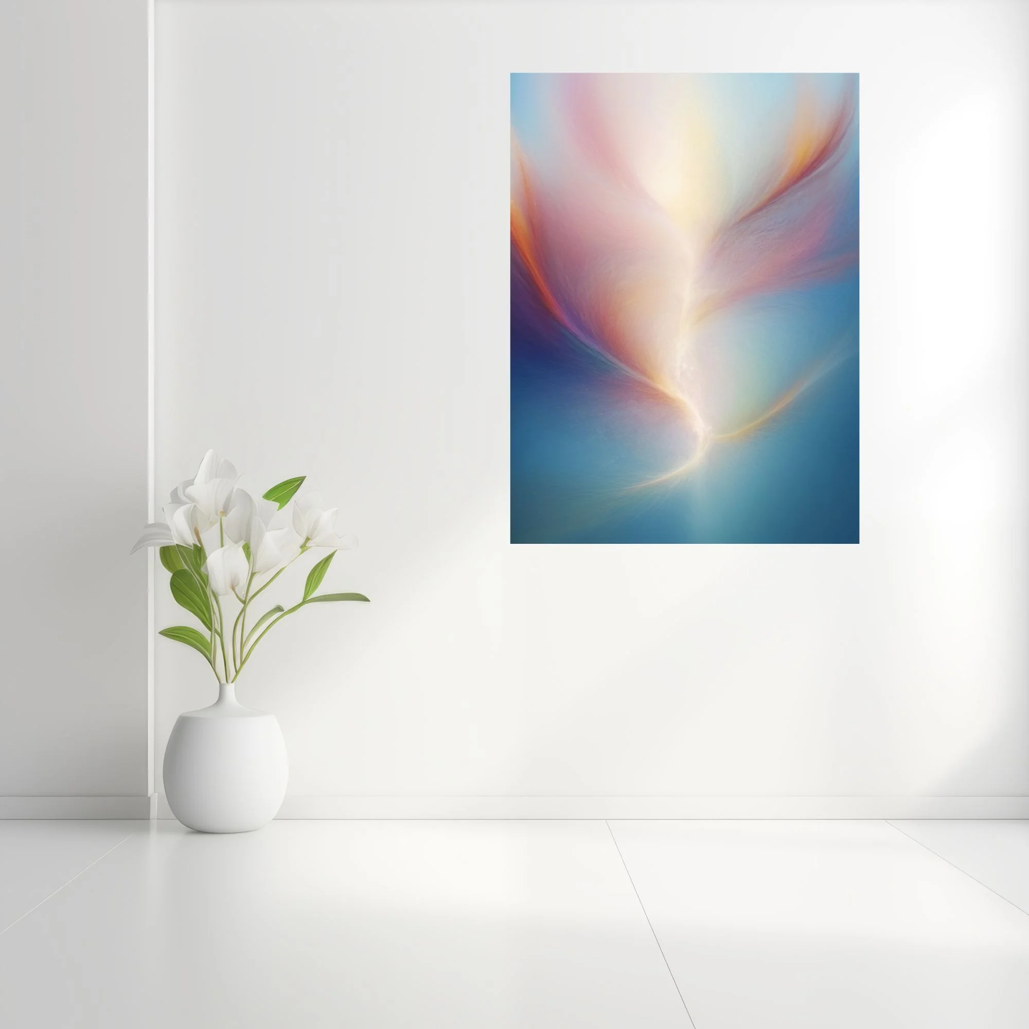 Abstract fluid art with swirling blush, gold, and blue pastel tones
