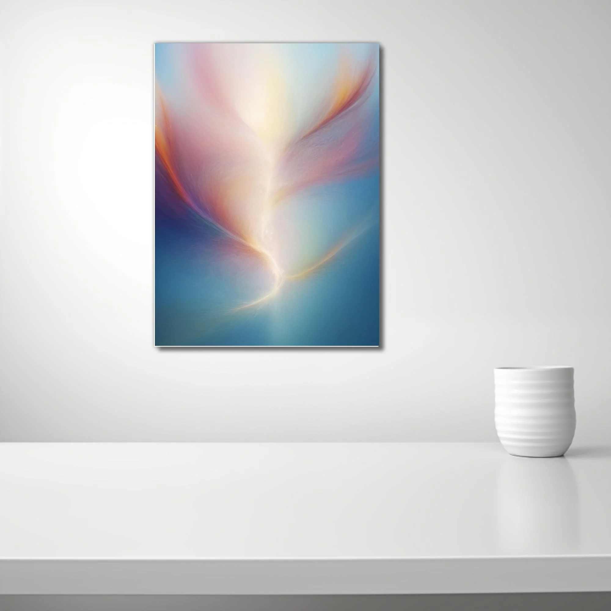 Abstract fluid art with swirling blush, gold, and blue pastel tones