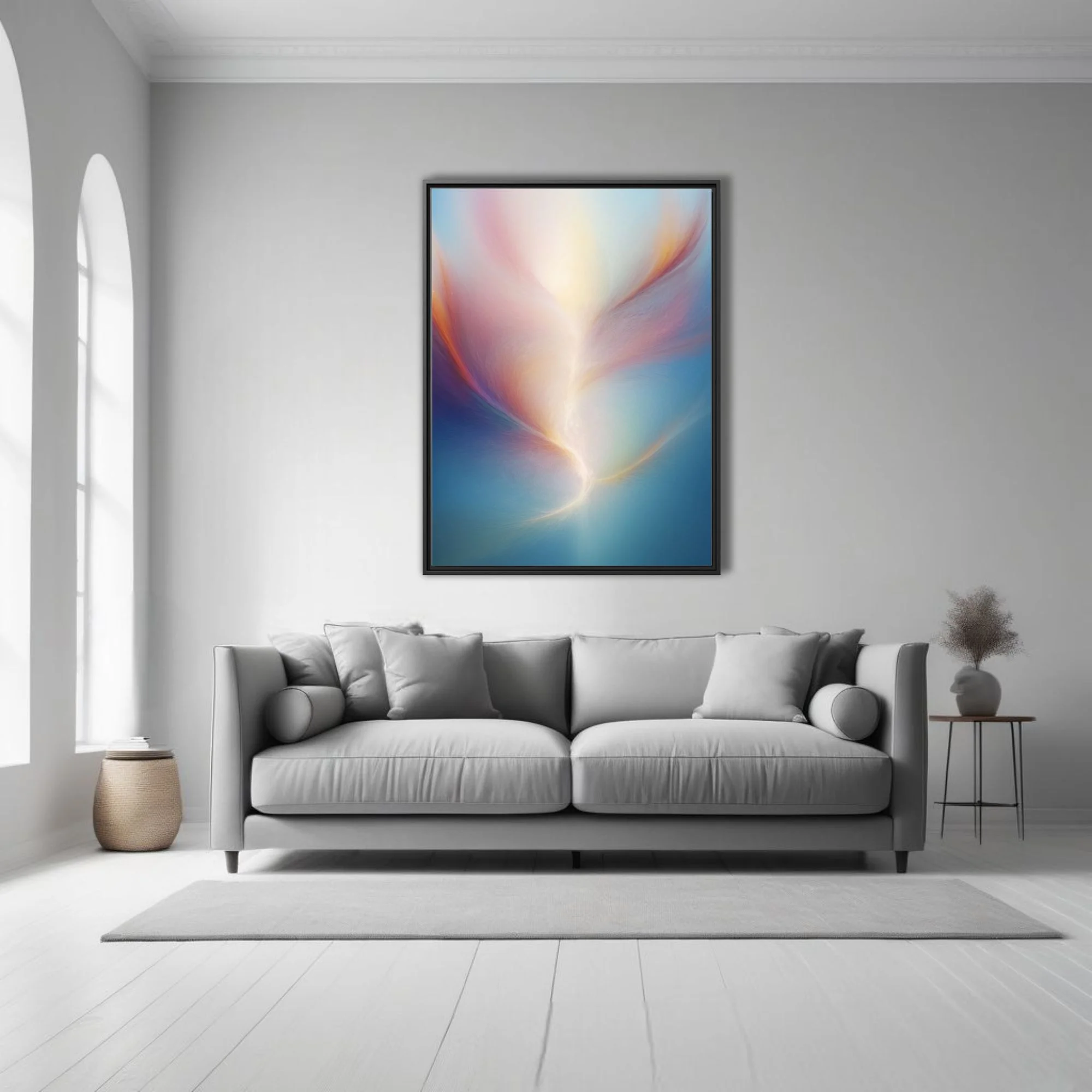 Abstract fluid art with swirling blush, gold, and blue pastel tones