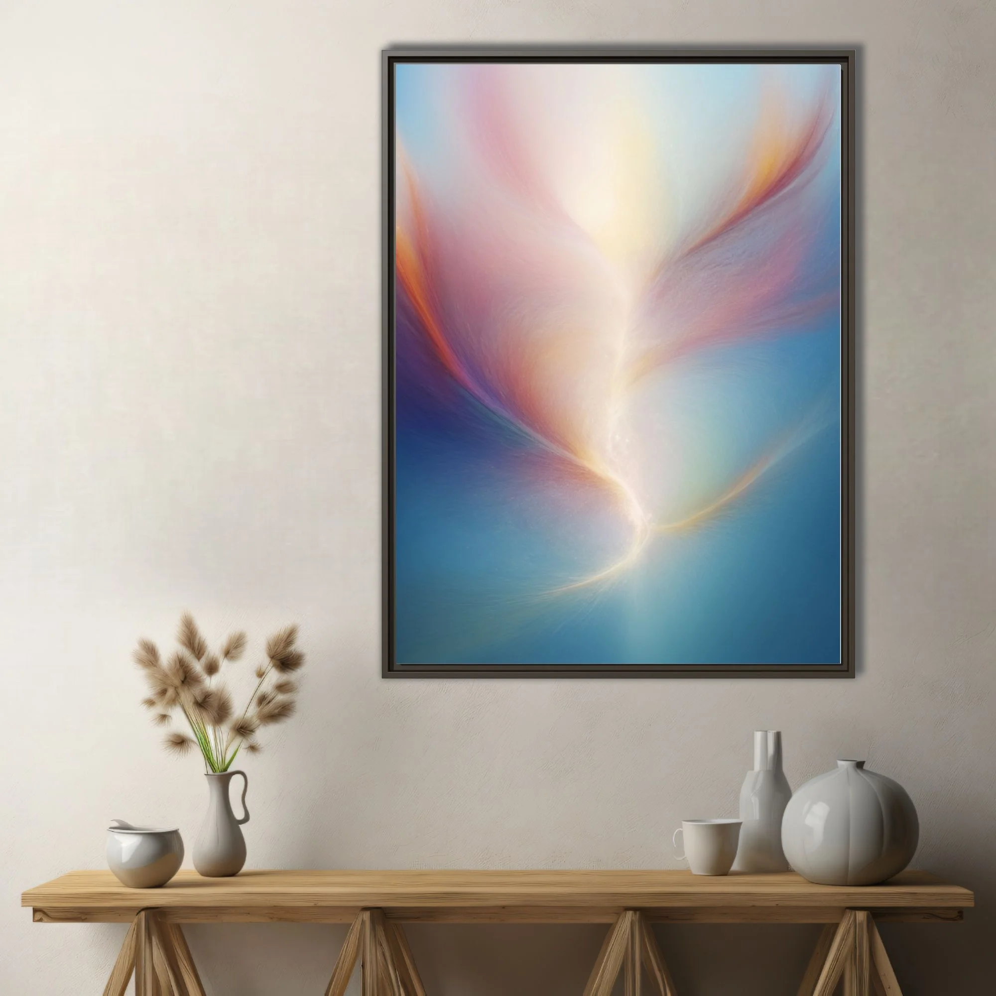 Abstract fluid art with swirling blush, gold, and blue pastel tones