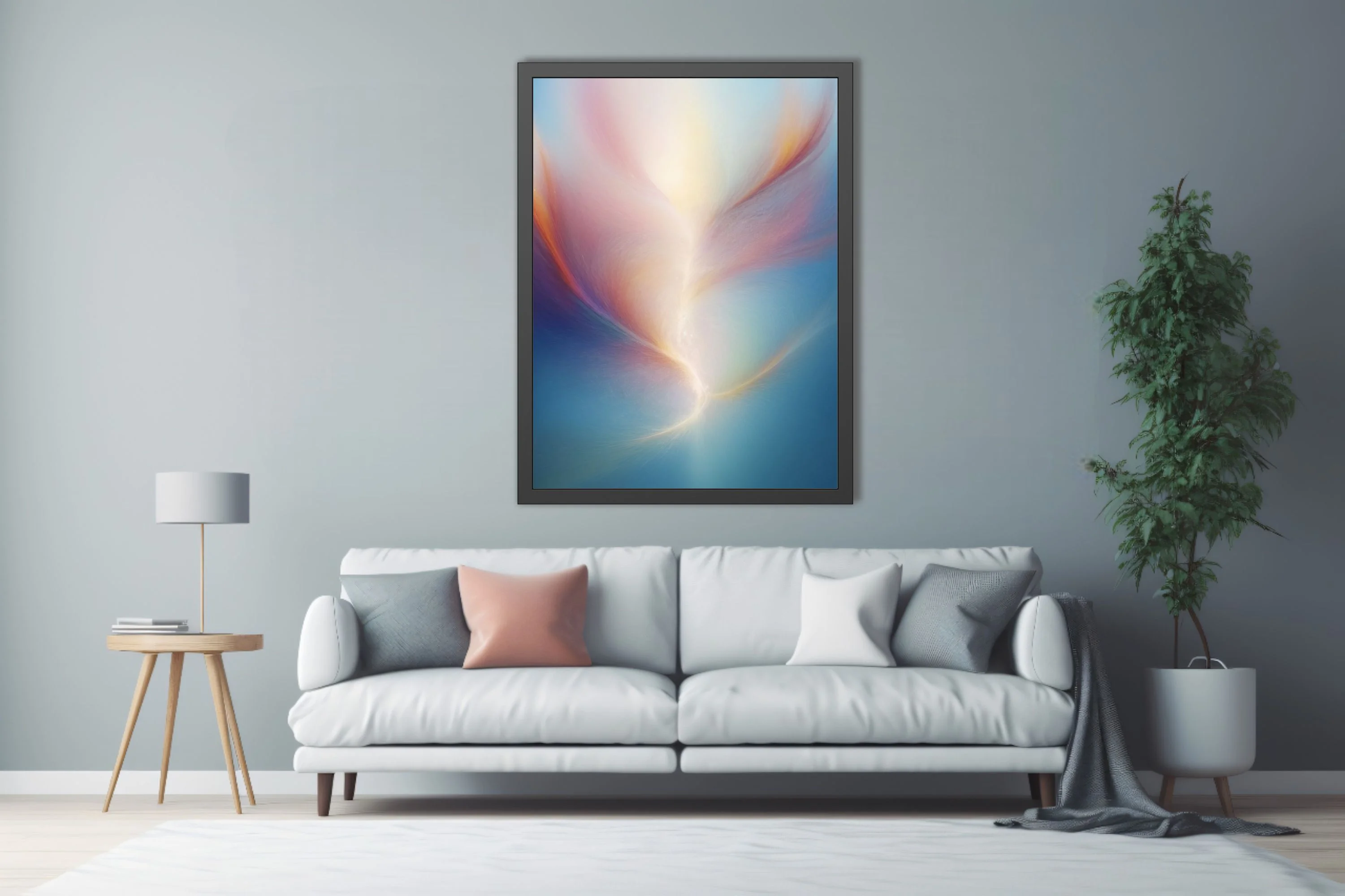 Abstract fluid art with swirling blush, gold, and blue pastel tones