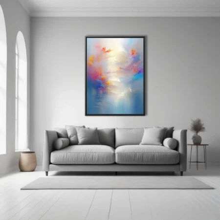 Abstract pastel composition with luminous coral, fuchsia and blue swirls