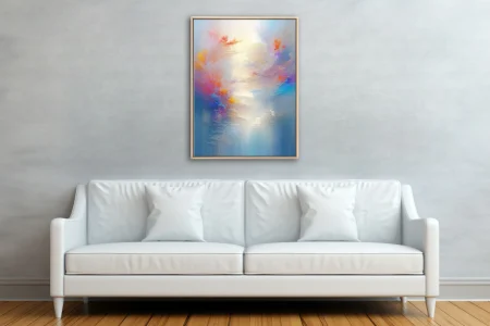 Abstract pastel composition with luminous coral, fuchsia and blue swirls