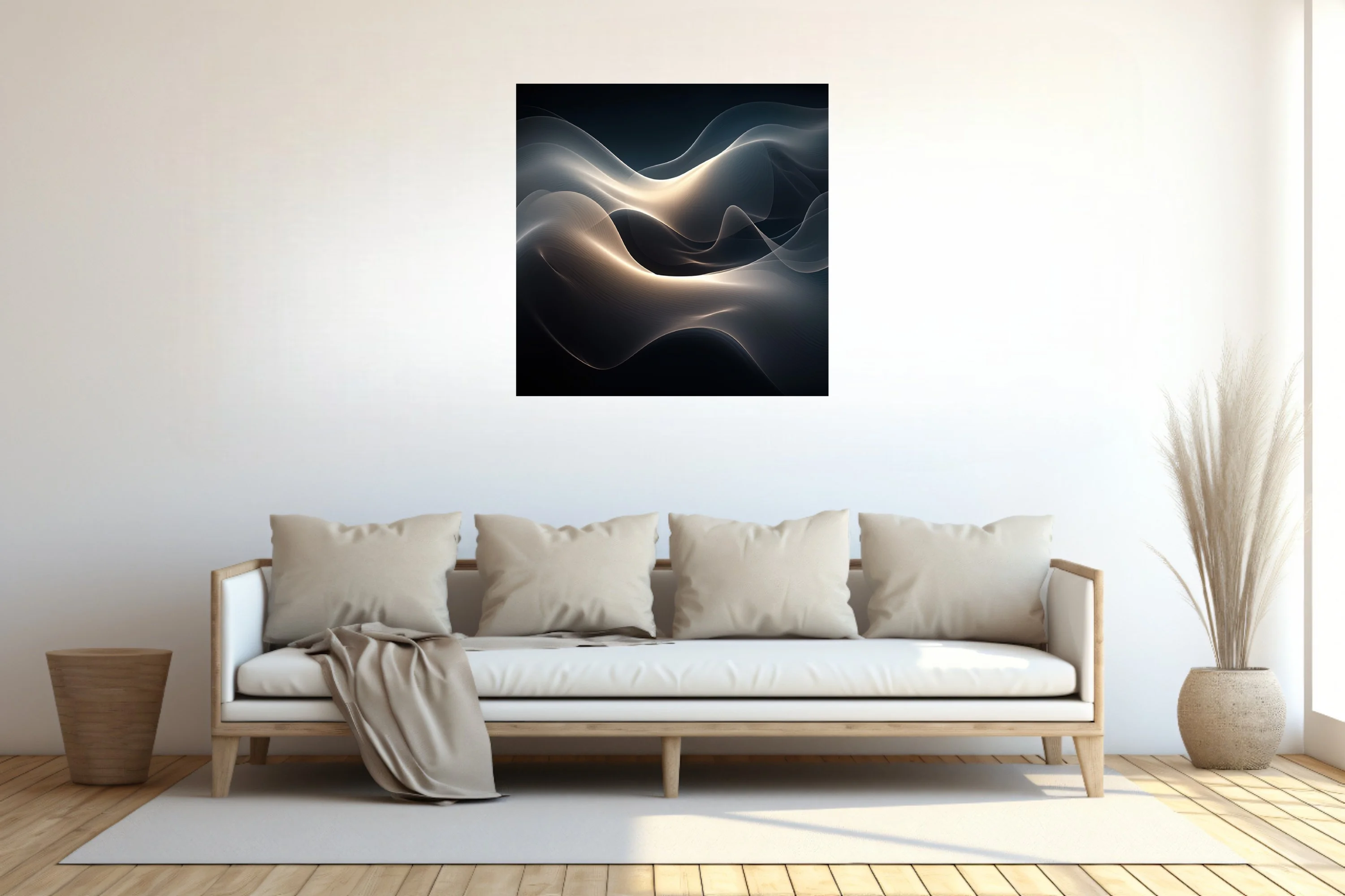 Abstract fluid wave composition in dark charcoal tones with warm glowing light