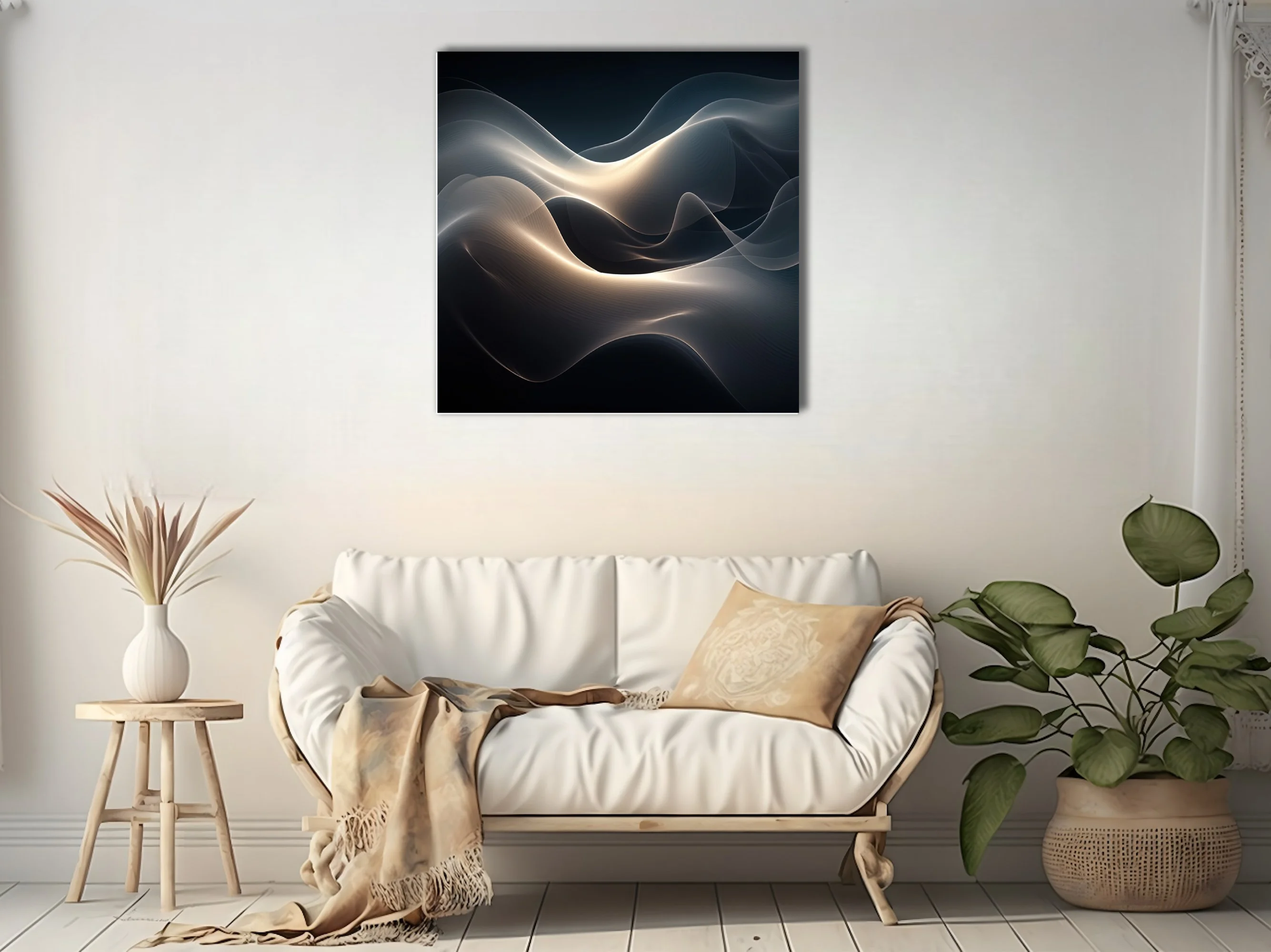 Abstract fluid wave composition in dark charcoal tones with warm glowing light