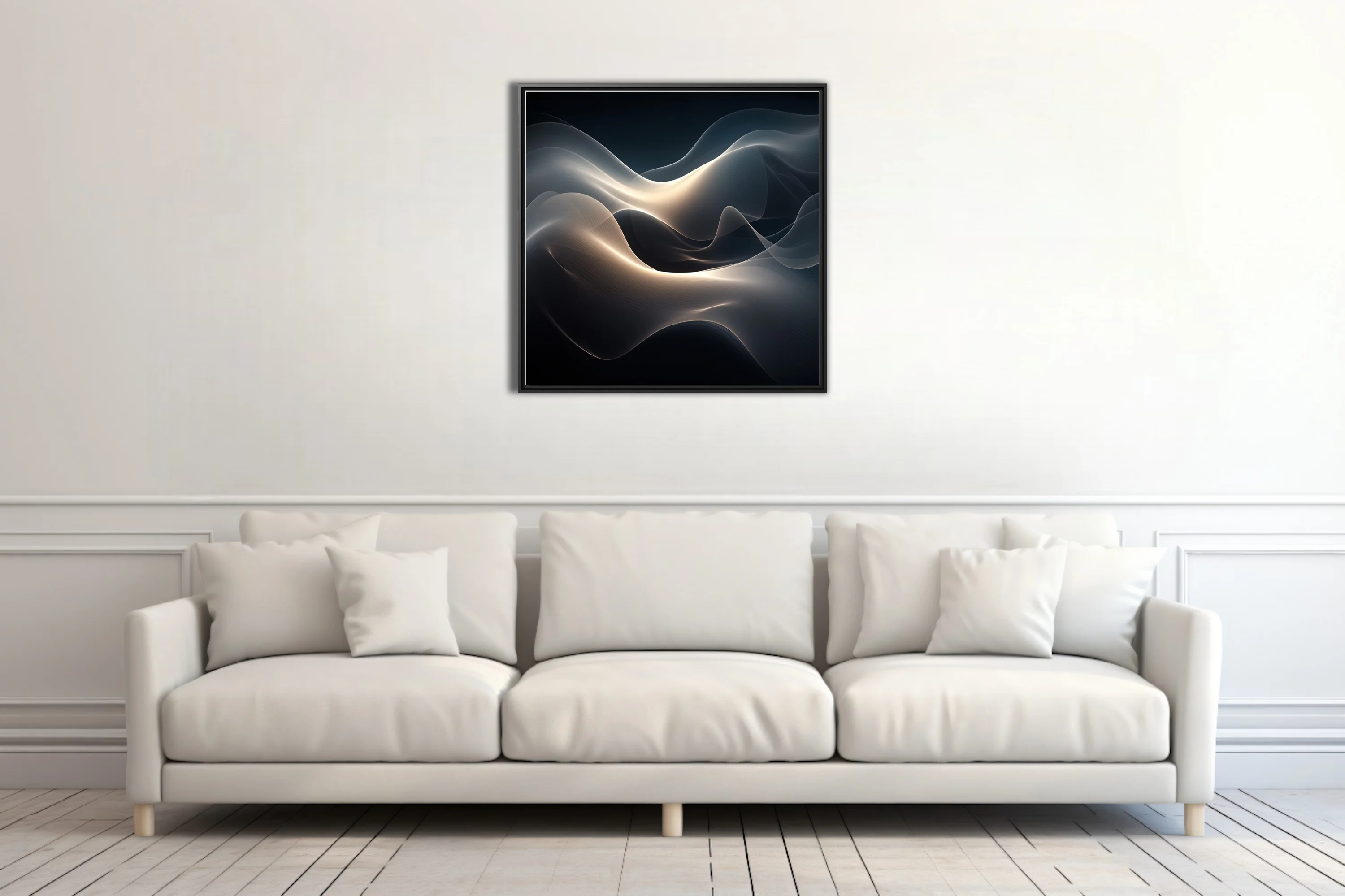 Abstract fluid wave composition in dark charcoal tones with warm glowing light