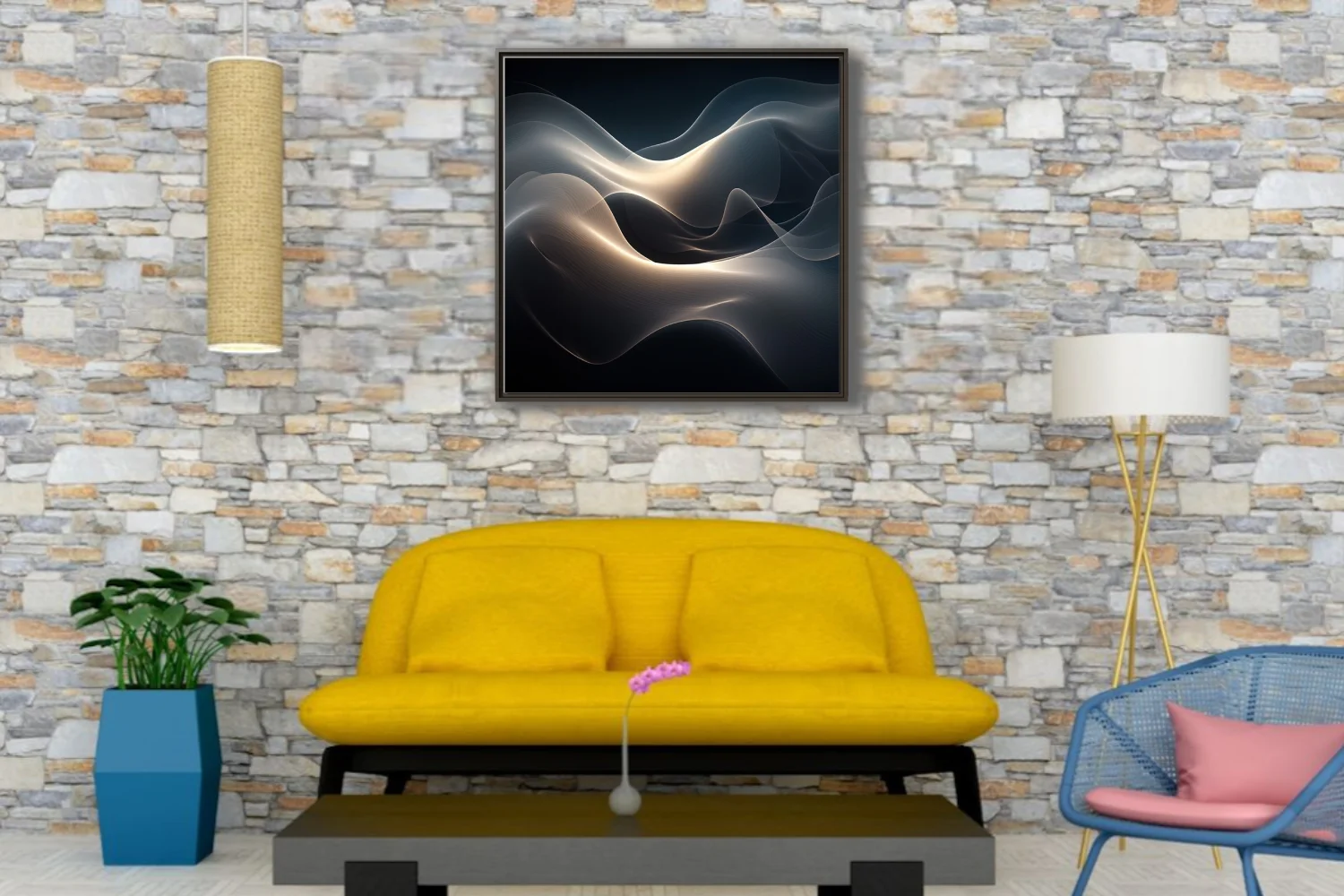 Abstract fluid wave composition in dark charcoal tones with warm glowing light