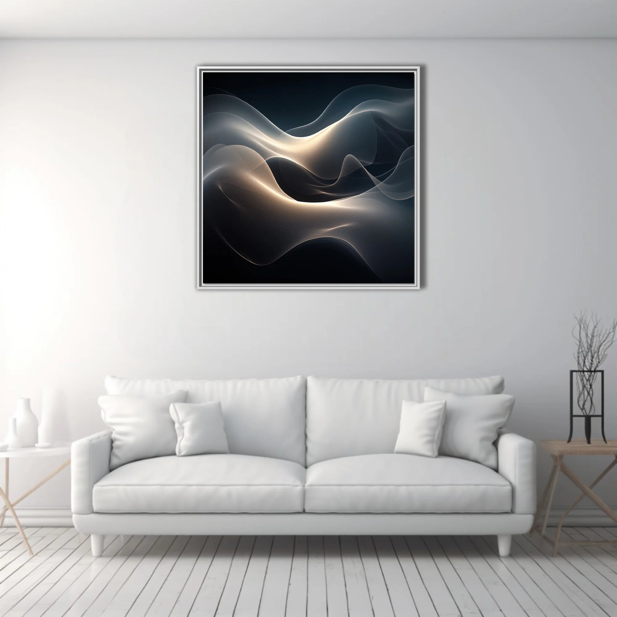 Abstract fluid wave composition in dark charcoal tones with warm glowing light