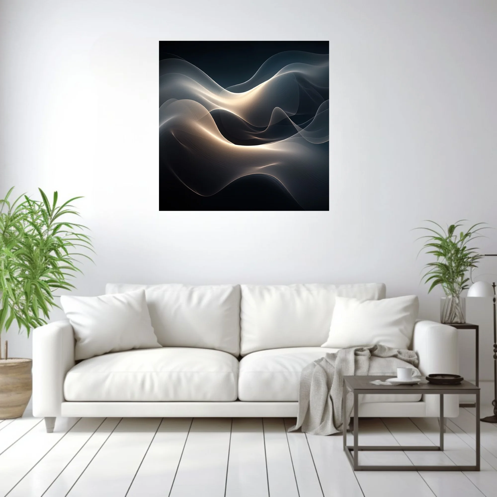 Abstract fluid wave composition in dark charcoal tones with warm glowing light