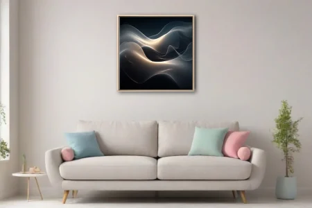 Abstract fluid wave composition in dark charcoal tones with warm glowing light