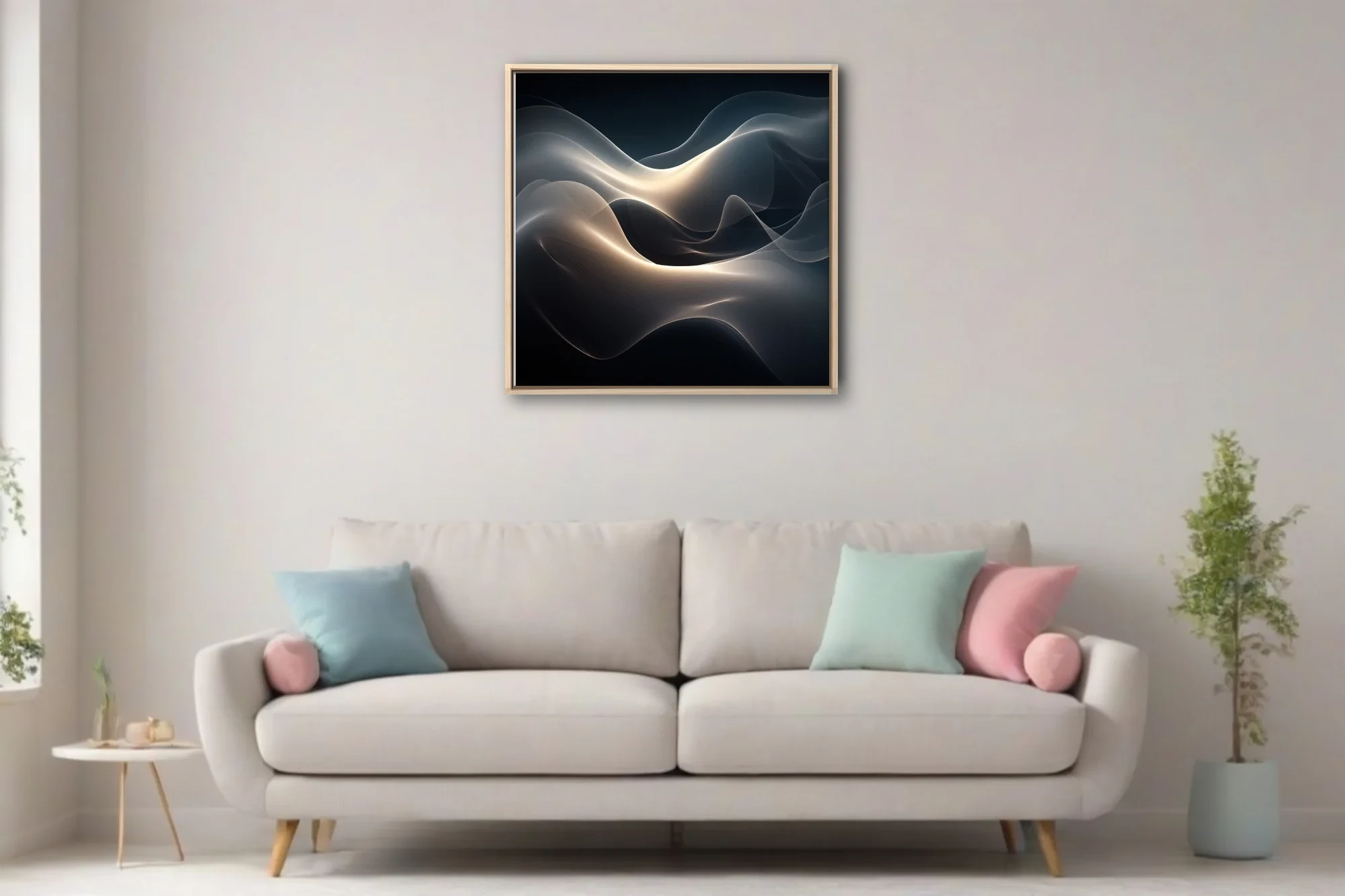 Abstract fluid wave composition in dark charcoal tones with warm glowing light