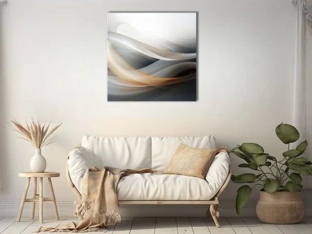 Minimalist abstract flowing waves in silver-white and warm amber with silken gradients