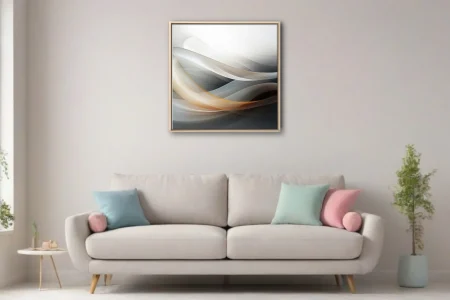 Minimalist abstract flowing waves in silver-white and warm amber with silken gradients