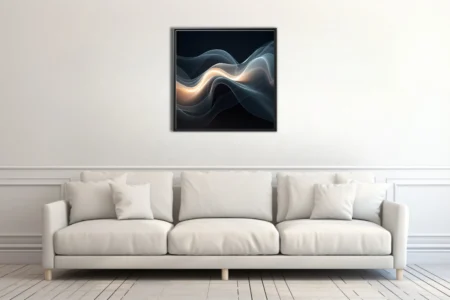 Abstract fluid waves glowing amber and silver-grey on deep navy background