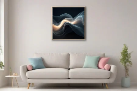 Abstract fluid waves glowing amber and silver-grey on deep navy background