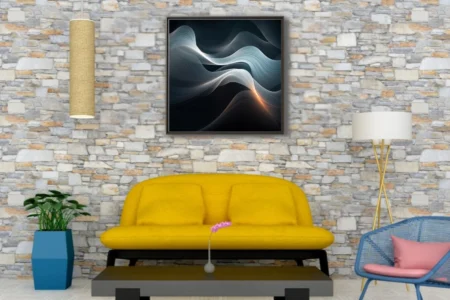 Abstract flowing wave art in silver and dark teal with warm amber light accent