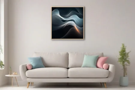 Abstract flowing wave art in silver and dark teal with warm amber light accent