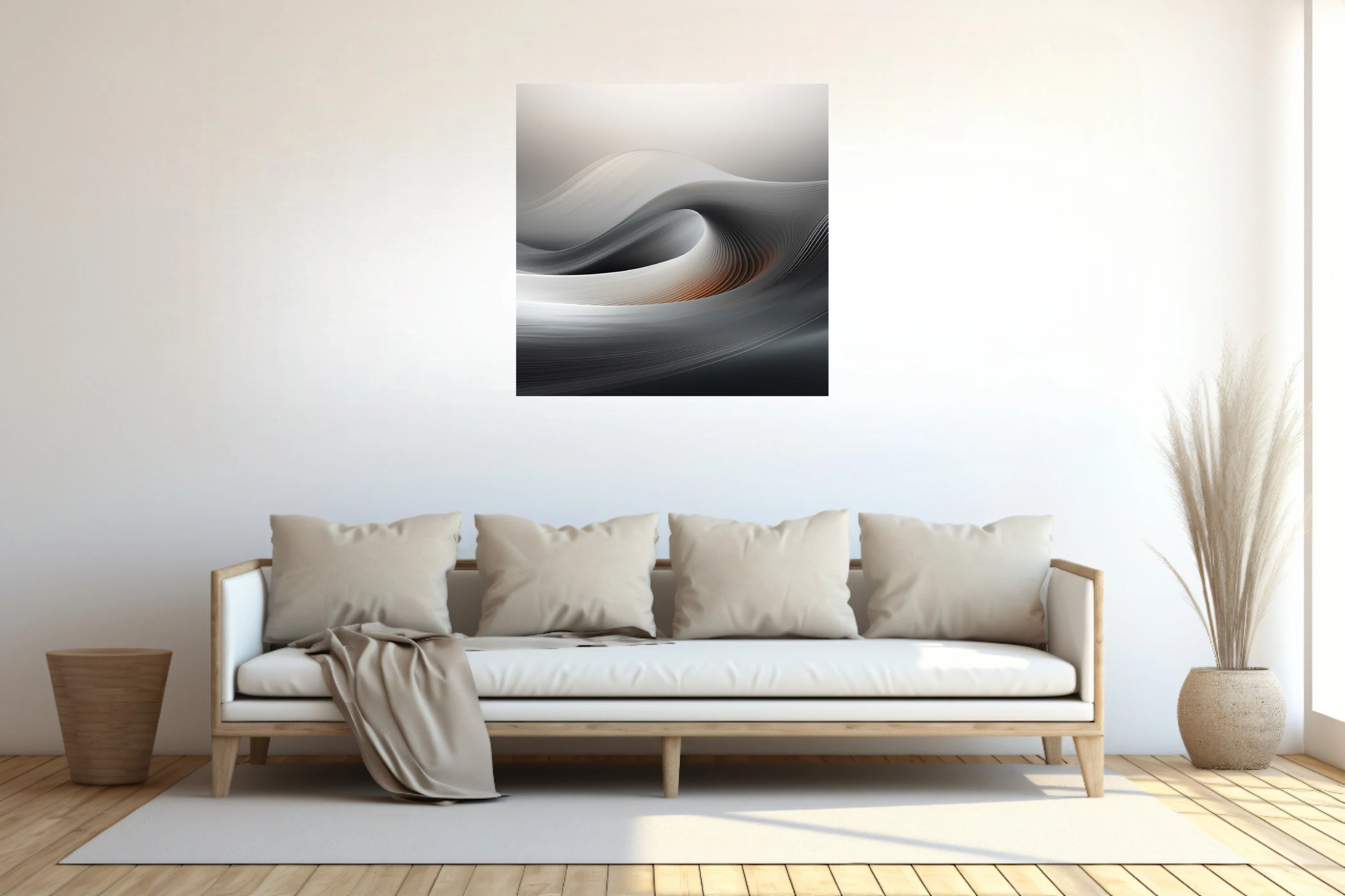 Minimalist abstract wave composition in silver, charcoal, and warm amber tones