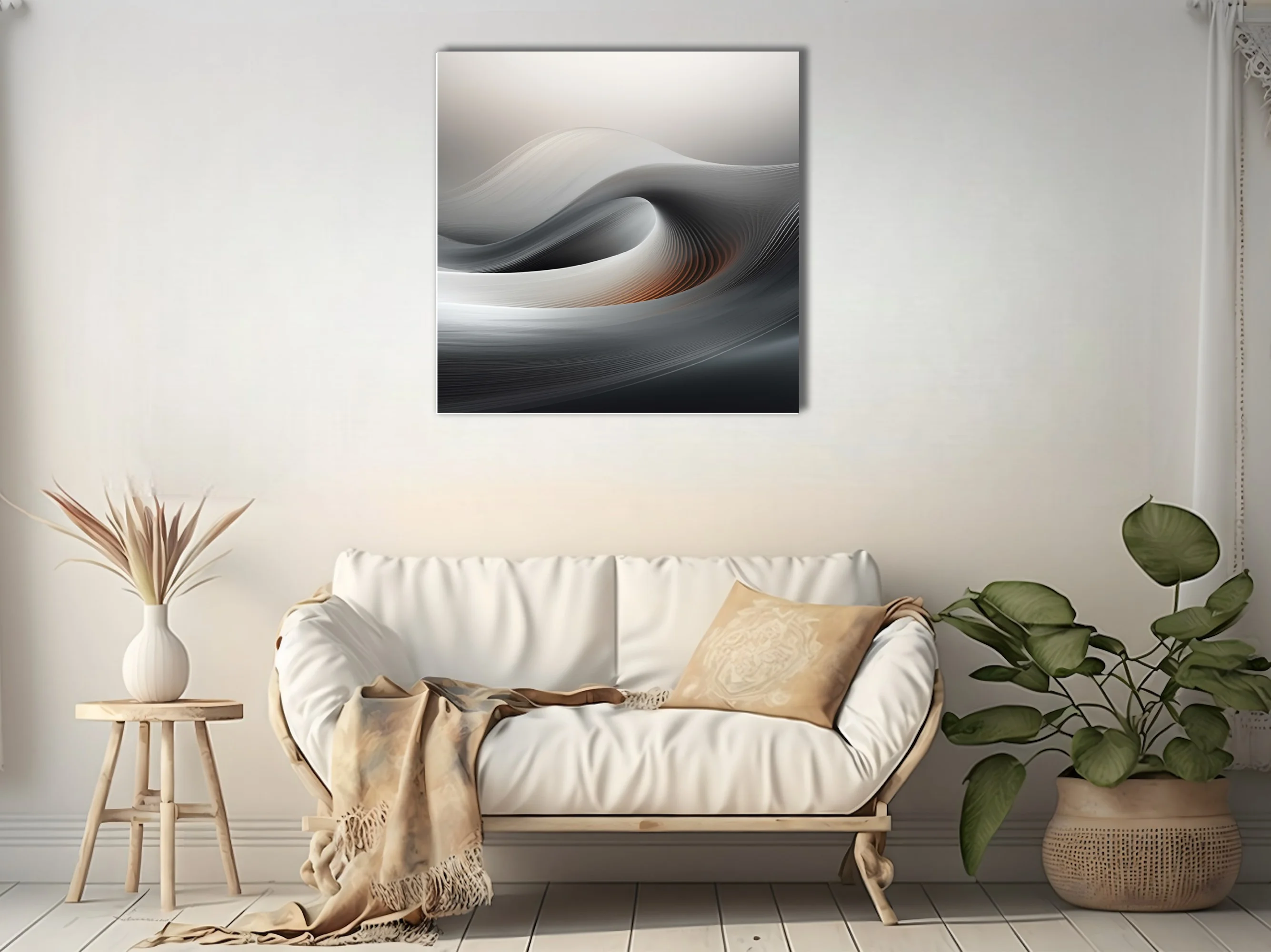 Minimalist abstract wave composition in silver, charcoal, and warm amber tones