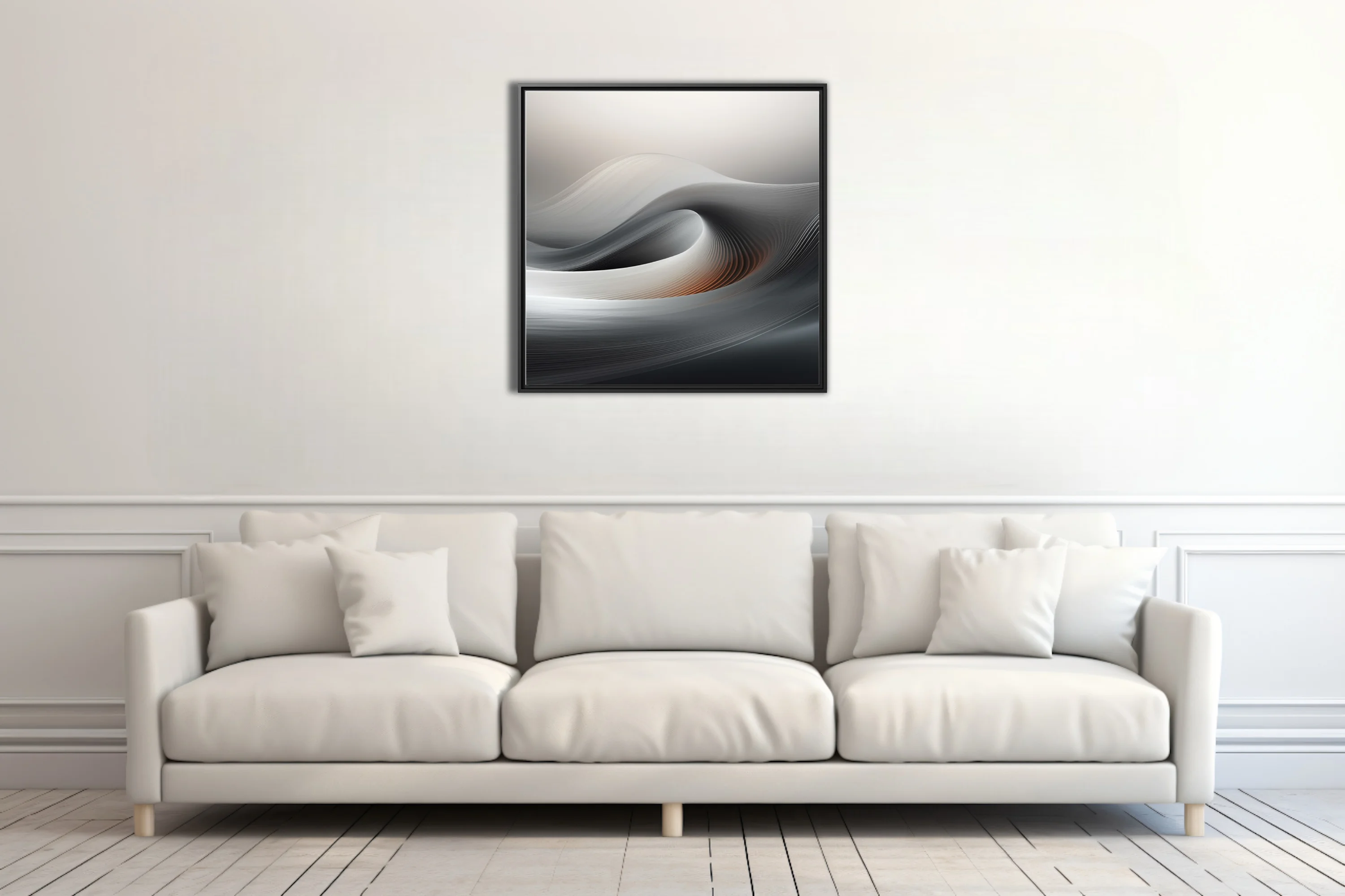 Minimalist abstract wave composition in silver, charcoal, and warm amber tones