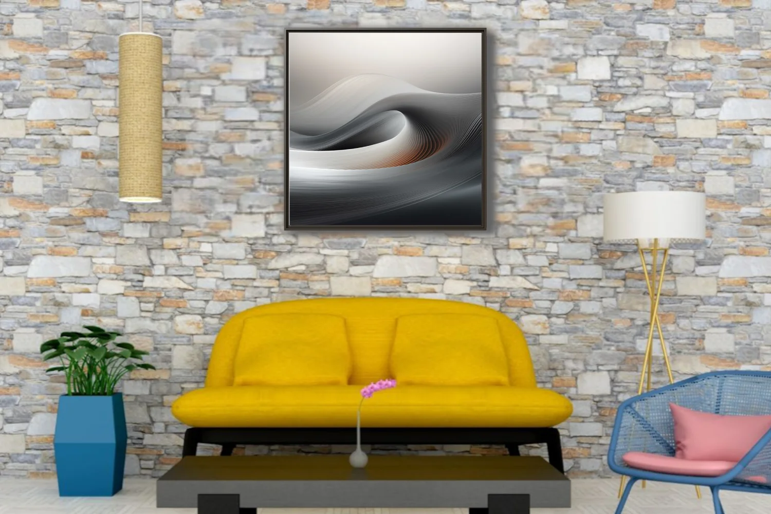 Minimalist abstract wave composition in silver, charcoal, and warm amber tones