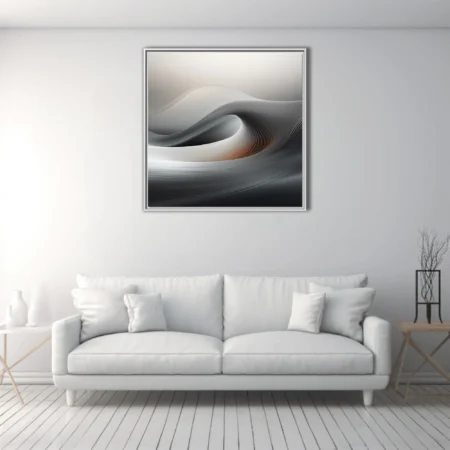 Minimalist abstract wave composition in silver, charcoal, and warm amber tones
