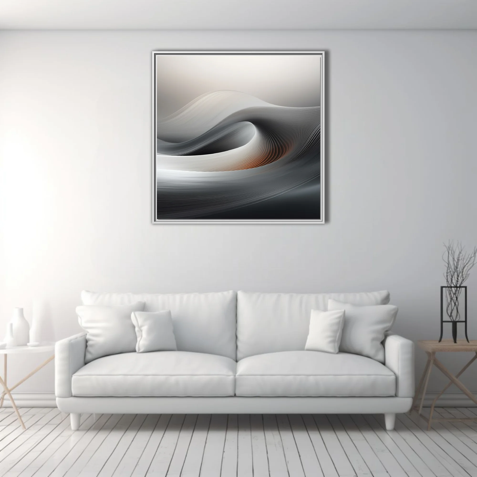 Minimalist abstract wave composition in silver, charcoal, and warm amber tones