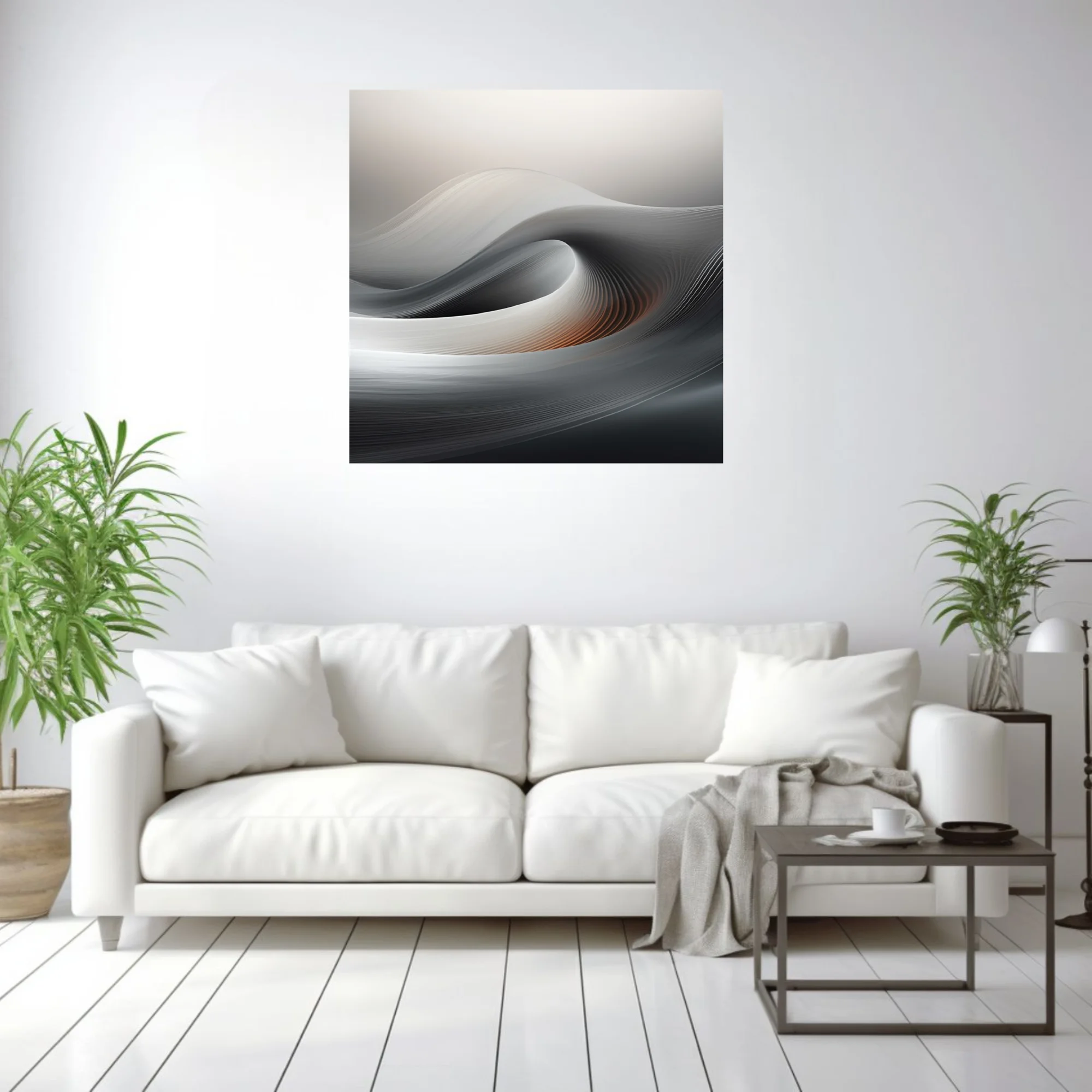 Minimalist abstract wave composition in silver, charcoal, and warm amber tones