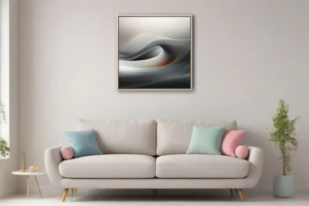 Minimalist abstract wave composition in silver, charcoal, and warm amber tones