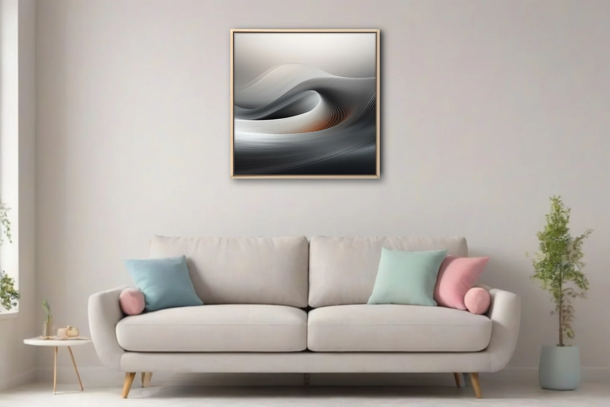 Minimalist abstract wave composition in silver, charcoal, and warm amber tones