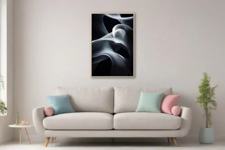 Abstract sculptural forms in white and black, fluid curving surfaces with dramatic contrast