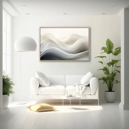 Minimalist abstract wave composition in cream, white, and silver tones