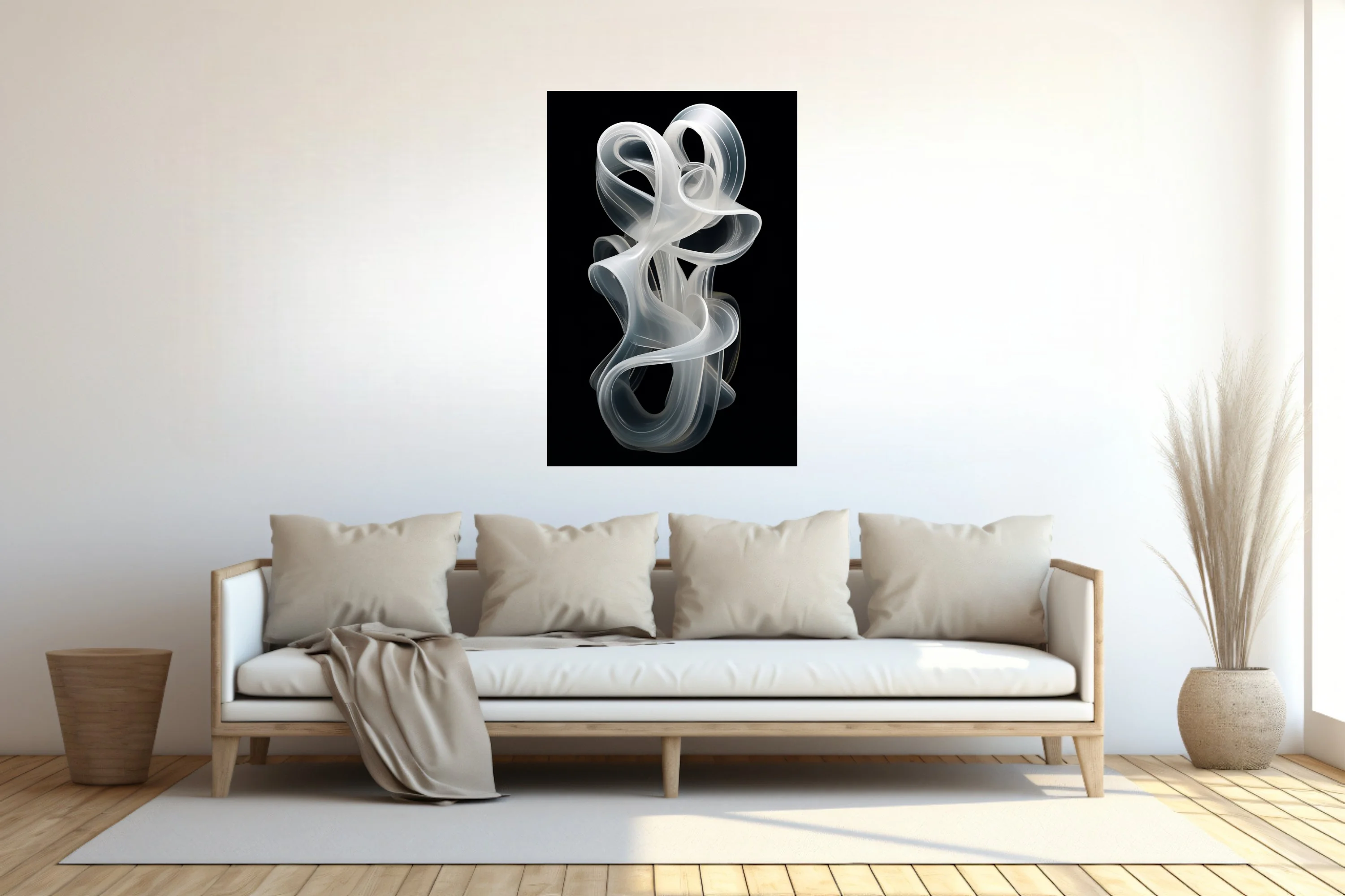 Abstract sculptural white ribbon forms, frosted translucent swirls on black background