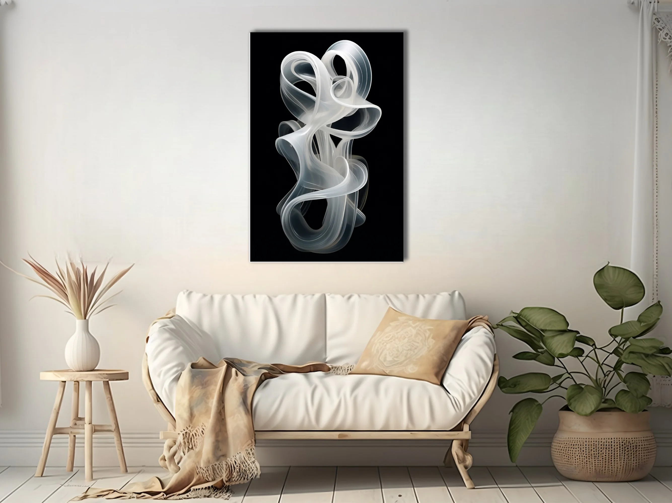 Abstract sculptural white ribbon forms, frosted translucent swirls on black background