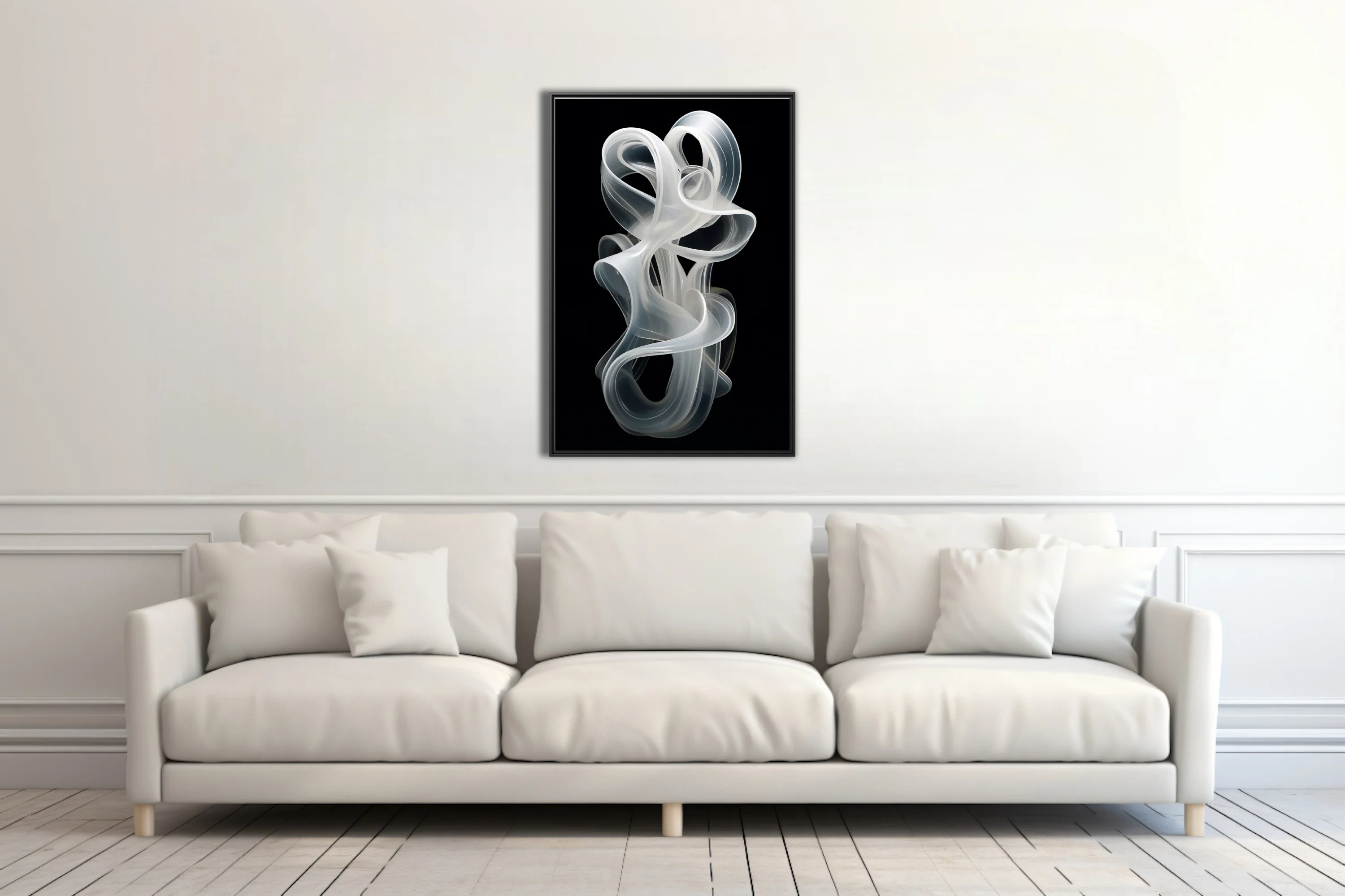 Abstract sculptural white ribbon forms, frosted translucent swirls on black background