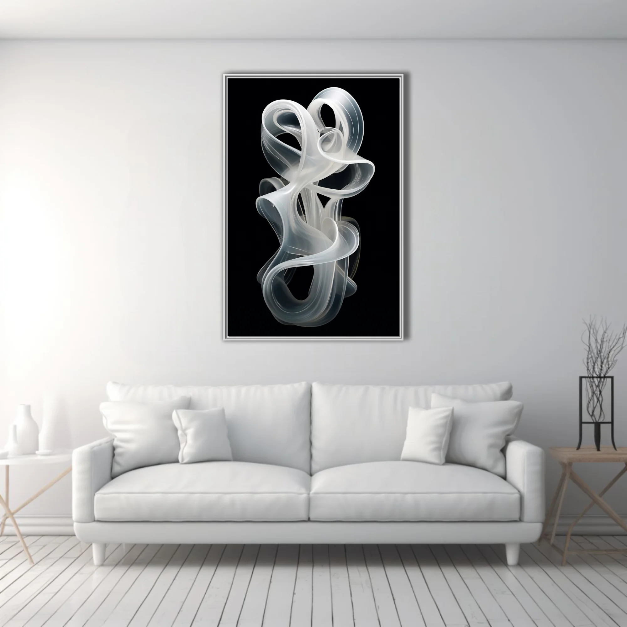Abstract sculptural white ribbon forms, frosted translucent swirls on black background
