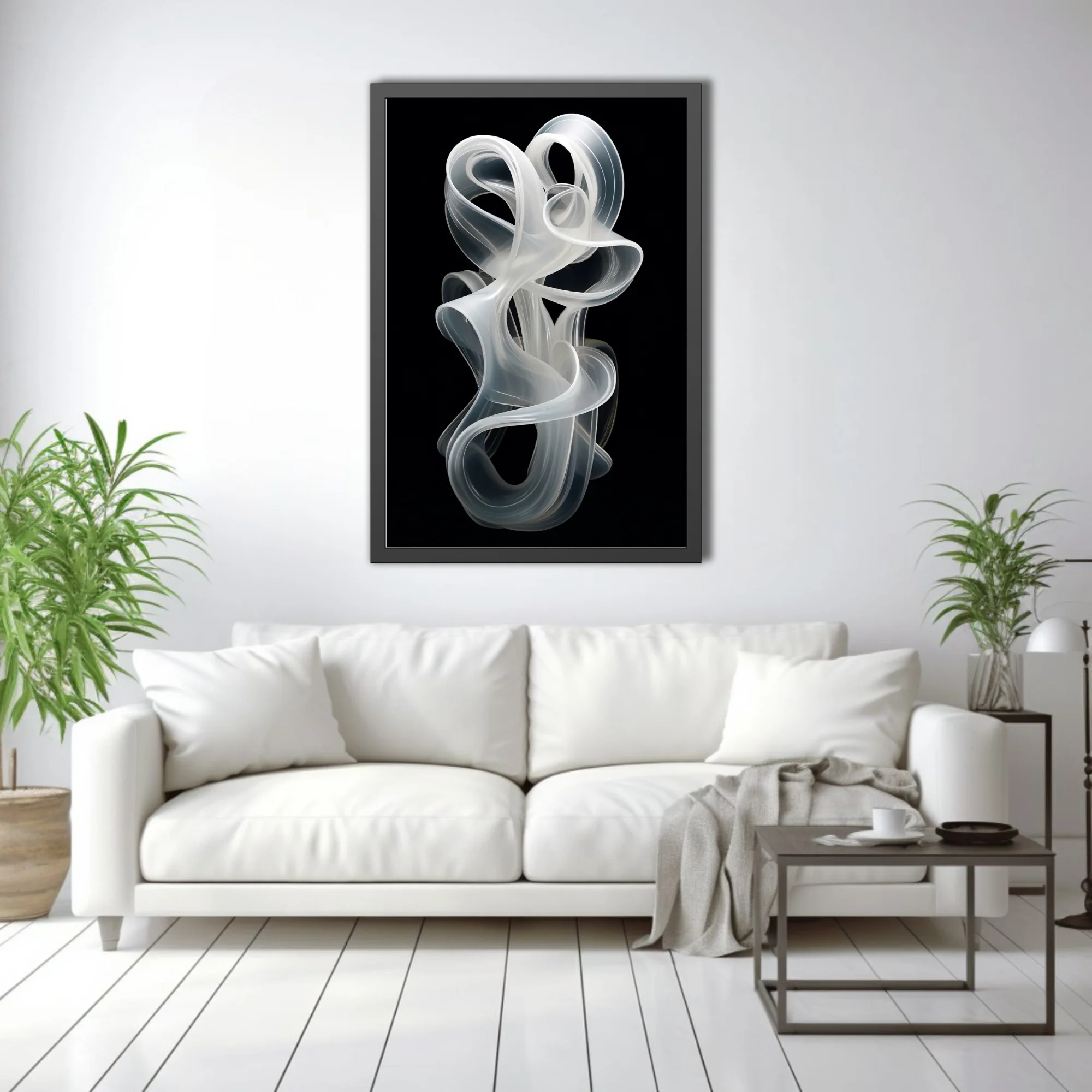 Abstract sculptural white ribbon forms, frosted translucent swirls on black background