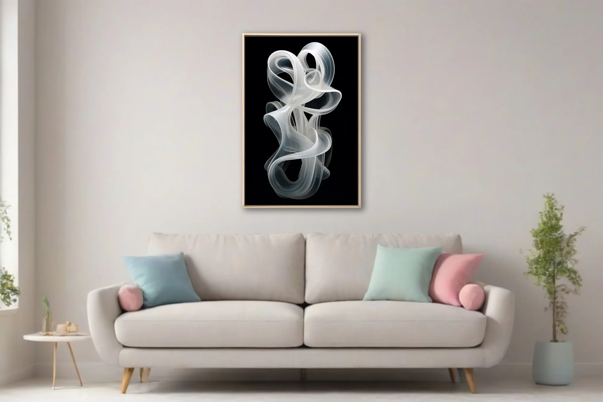 Abstract sculptural white ribbon forms, frosted translucent swirls on black background