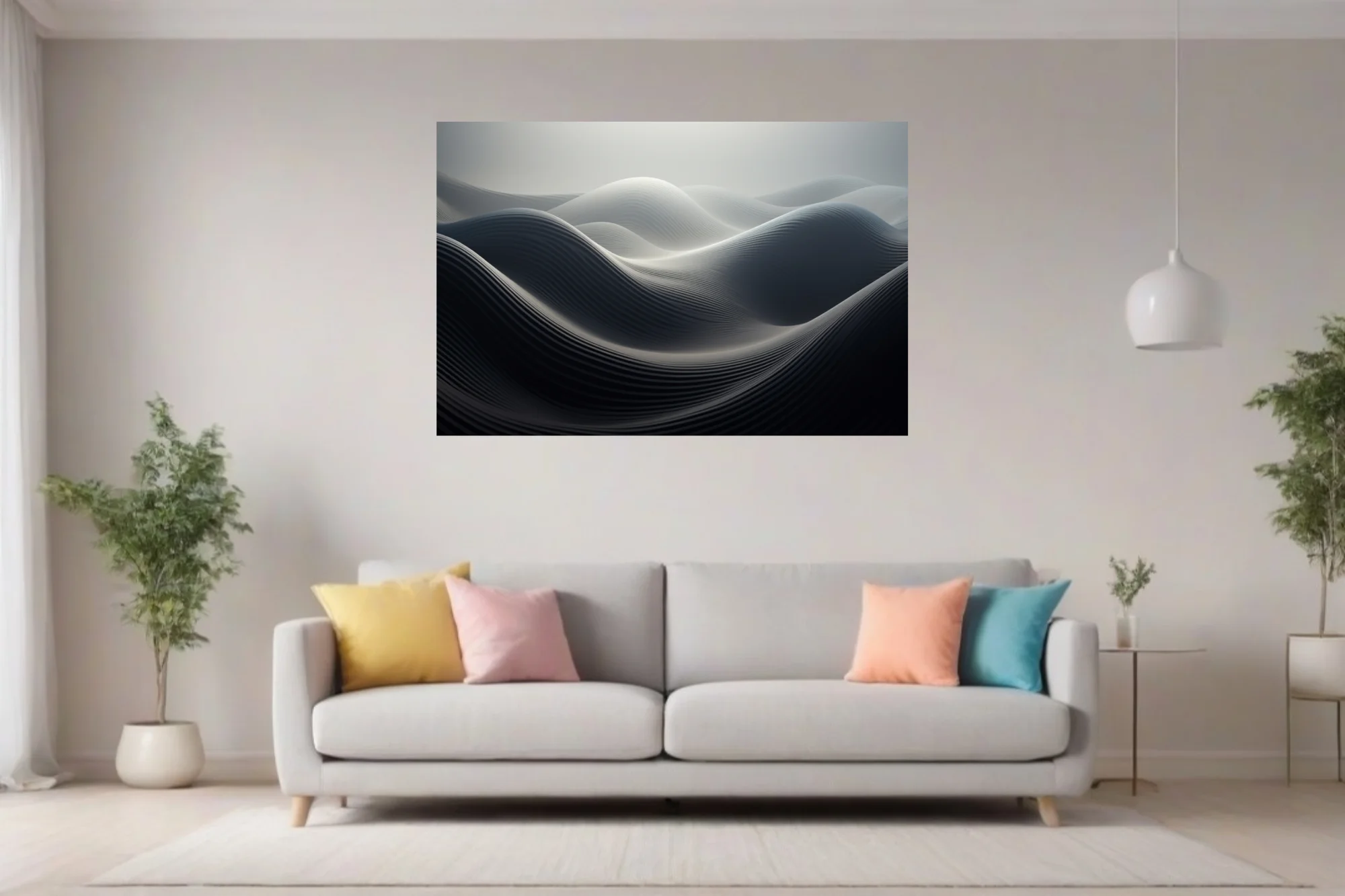 Minimalist abstract wave sculpture in monochromatic charcoal and white tones