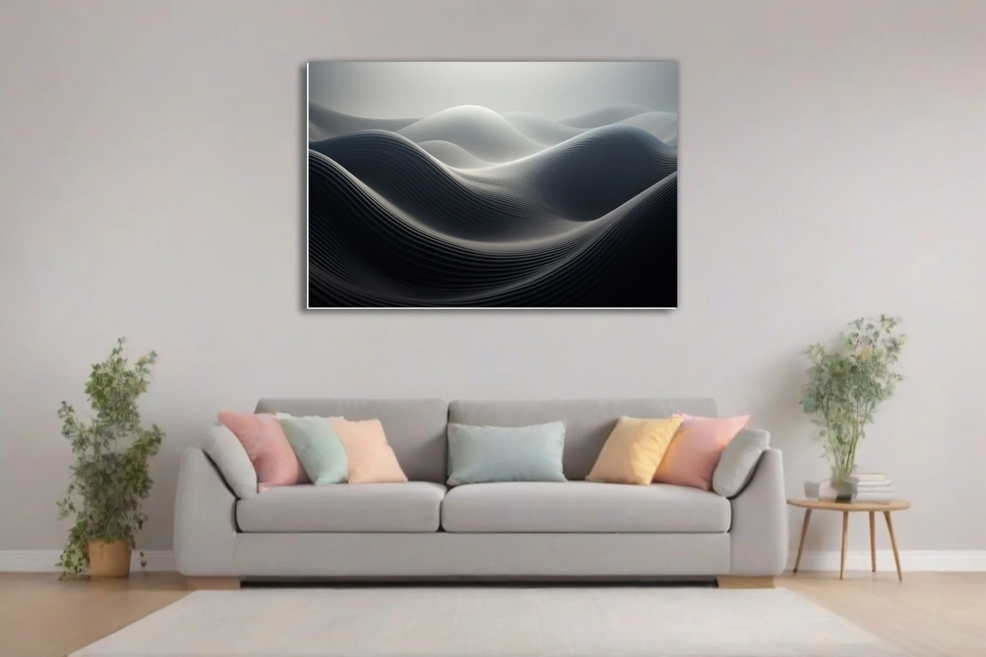 Minimalist abstract wave sculpture in monochromatic charcoal and white tones