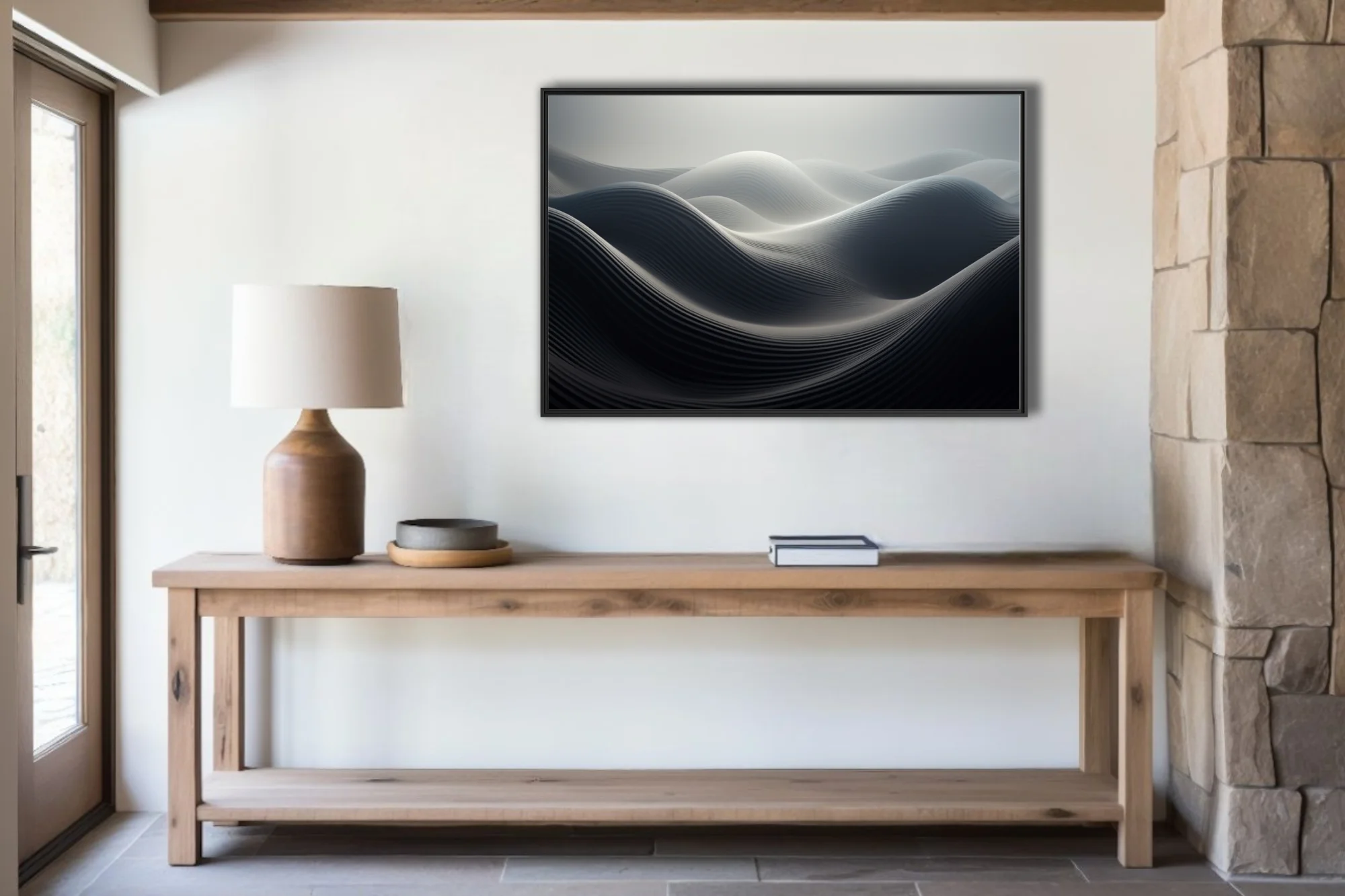 Minimalist abstract wave sculpture in monochromatic charcoal and white tones