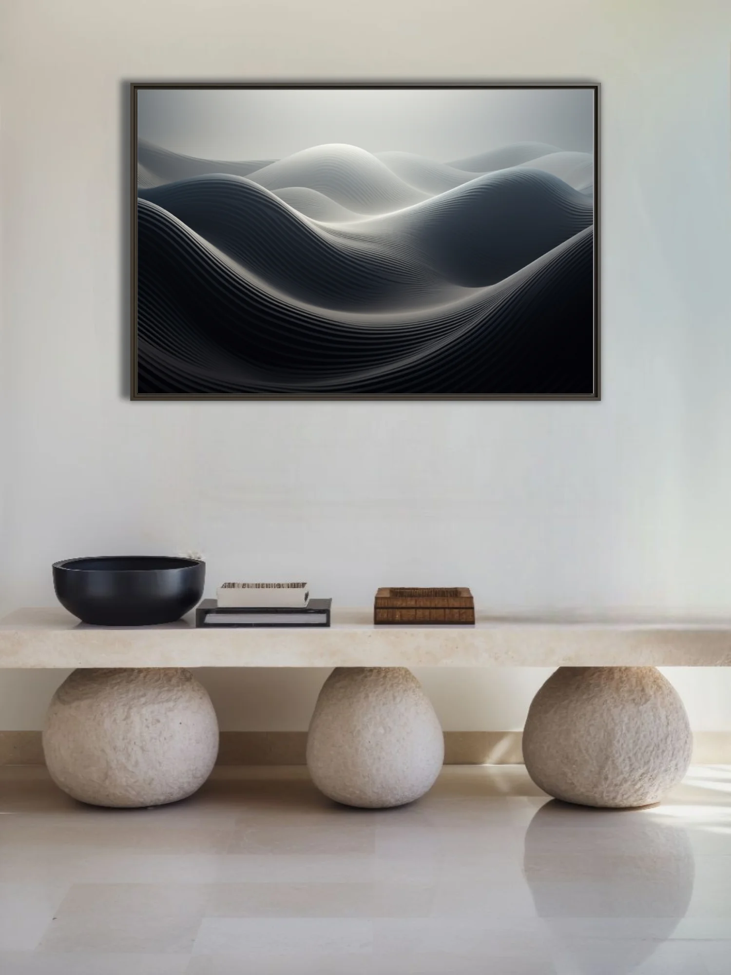 Minimalist abstract wave sculpture in monochromatic charcoal and white tones