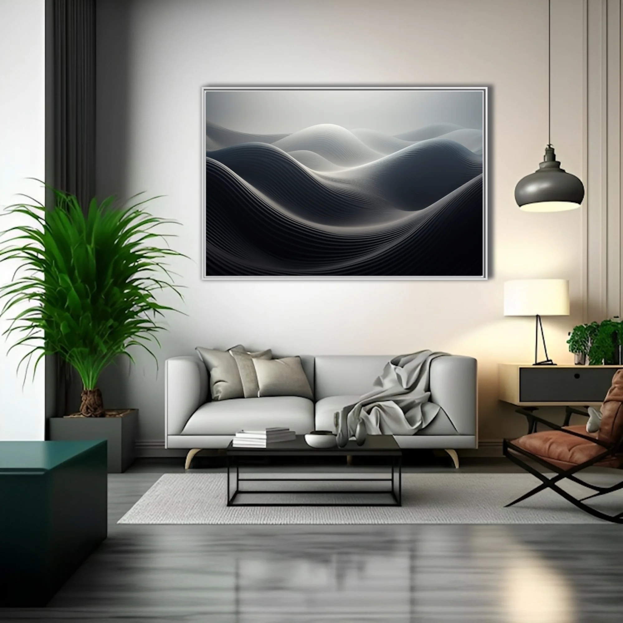 Minimalist abstract wave sculpture in monochromatic charcoal and white tones